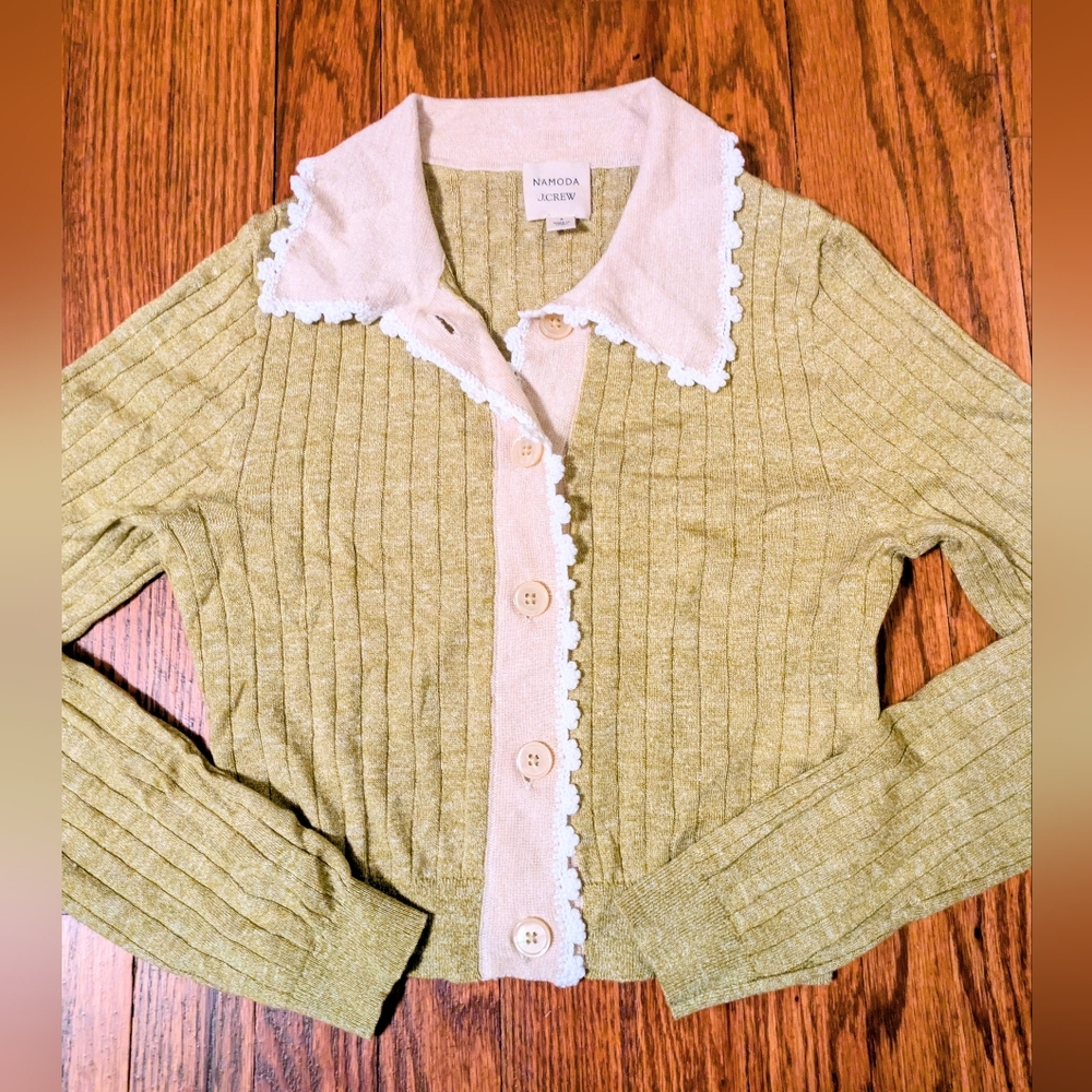 J. Crew Olive Cardigan with Cream Collar